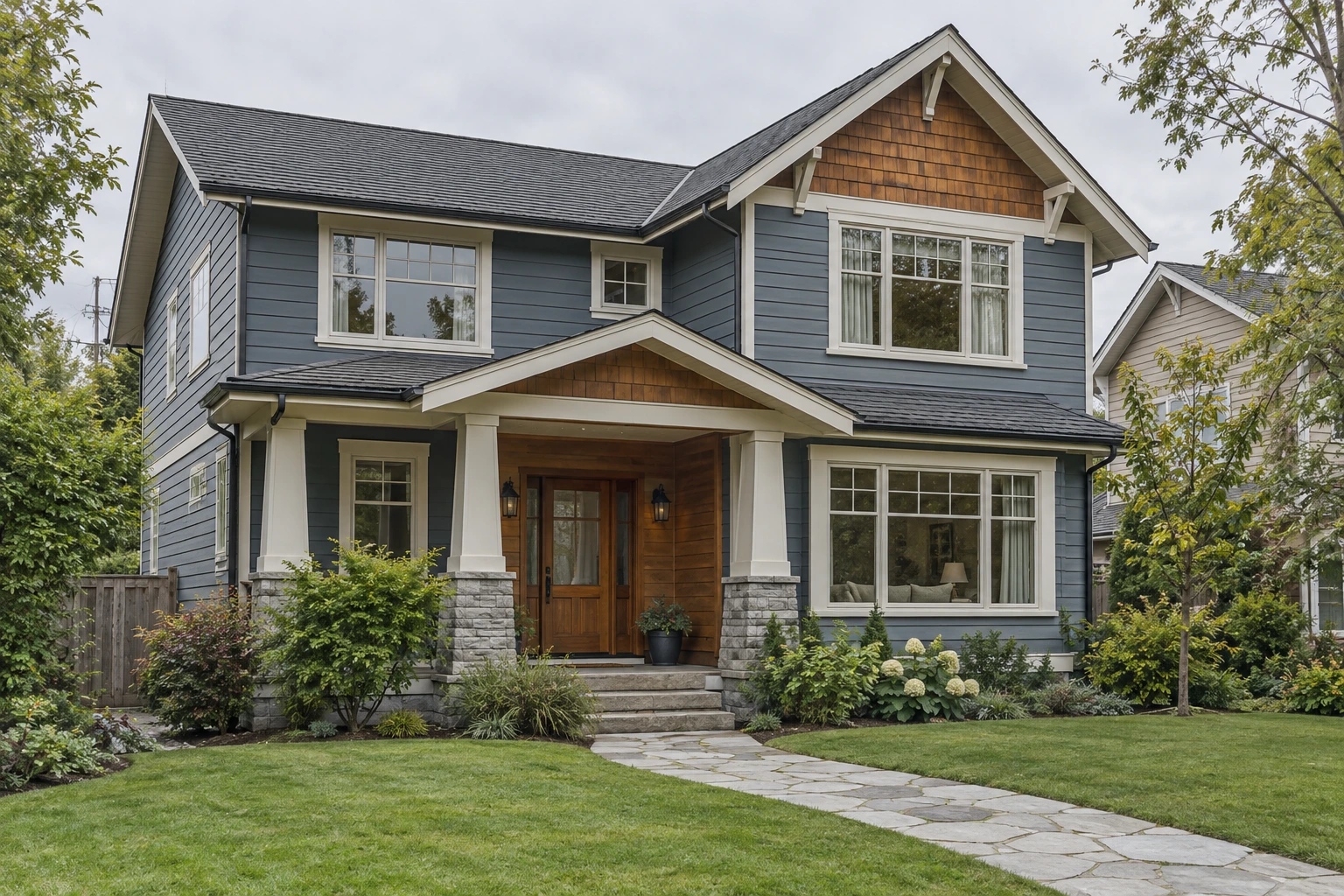 AI-generated craftsman home in overcast daylight, before the dusk treatment